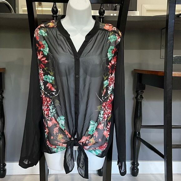 Worthington loose fit sheer floral front tie long sleeve, button front tunic. - Picture 2 of 10